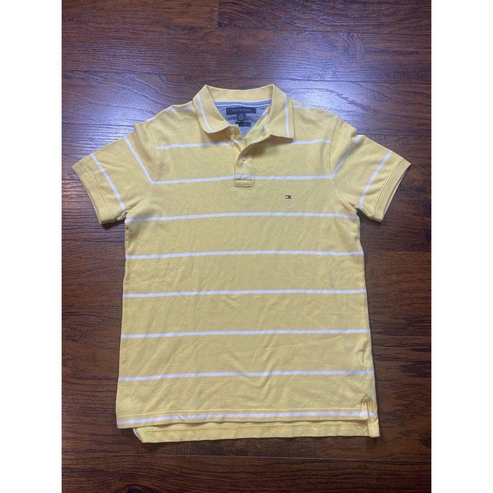 Tommy Hilfiger Mens Slim Fit Striped Polo Shirt Yellow White Short Sleeve Large